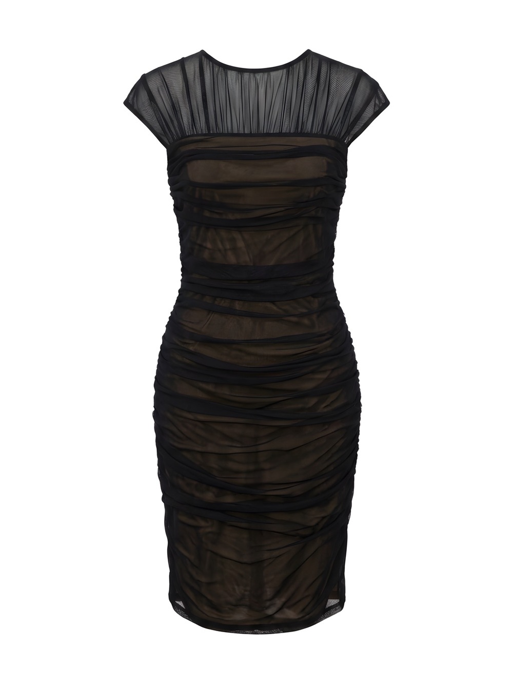 Dress designer -Tadashi Shoji Black Sheer Ruched Mini Dress